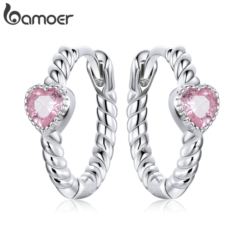 BAMOER Bông Tai bạc 925 Đính Đá Zircon Màu Hồng Thời Trang Cho Nữ SCE1081