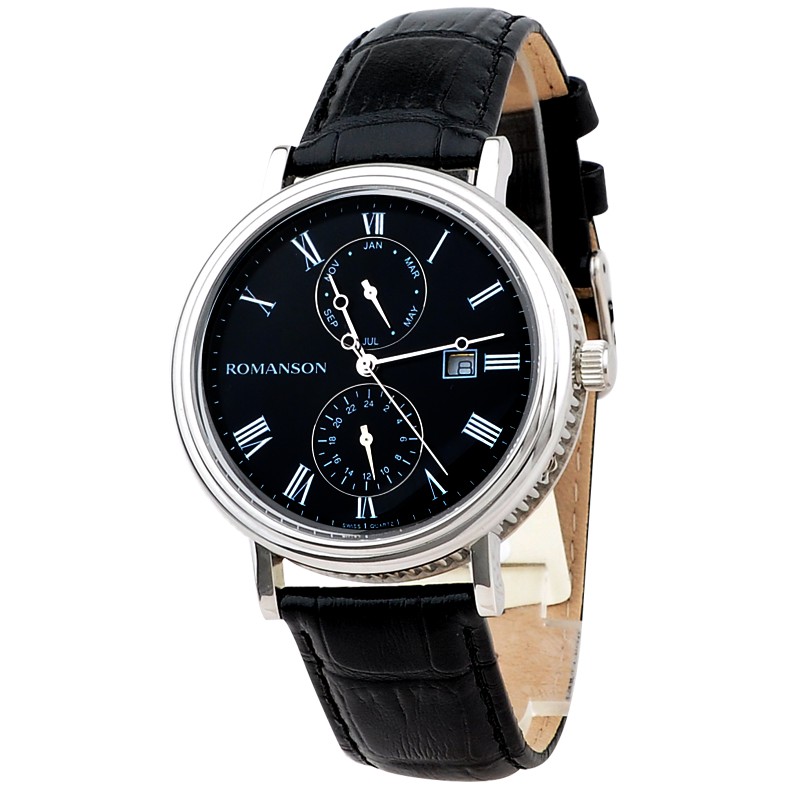 Đồng hồ Romanson Sport Men Watch TL1276BMWBK nam dây da mặt tròn kính chống xước máy Thụy Sĩ cao cấp chính hãng