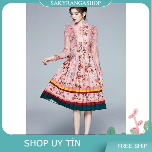 HÀNG NHẬP - ĐẦM XOÈ LỤA PHỐI TAY REN DÀI CHÂN VÁY XẾP LY