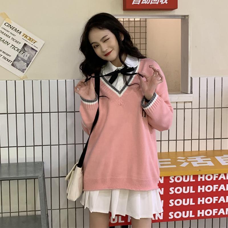 Áo len tay dài cổ chữ v form rộng thiết kế ngọt ngào thời trang dành cho nữ