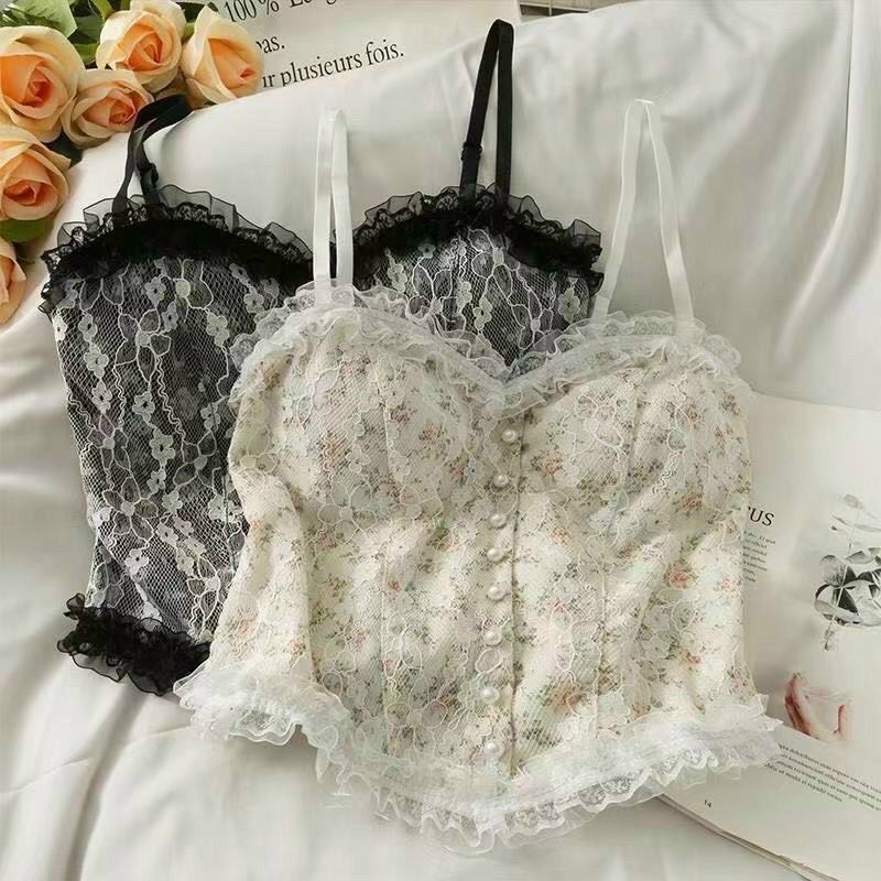 Áo 2 dây ren hoa công chúa đính bèo n.gọc có đệm nữ tính 1202 Áo bra nữ ngọt ngào