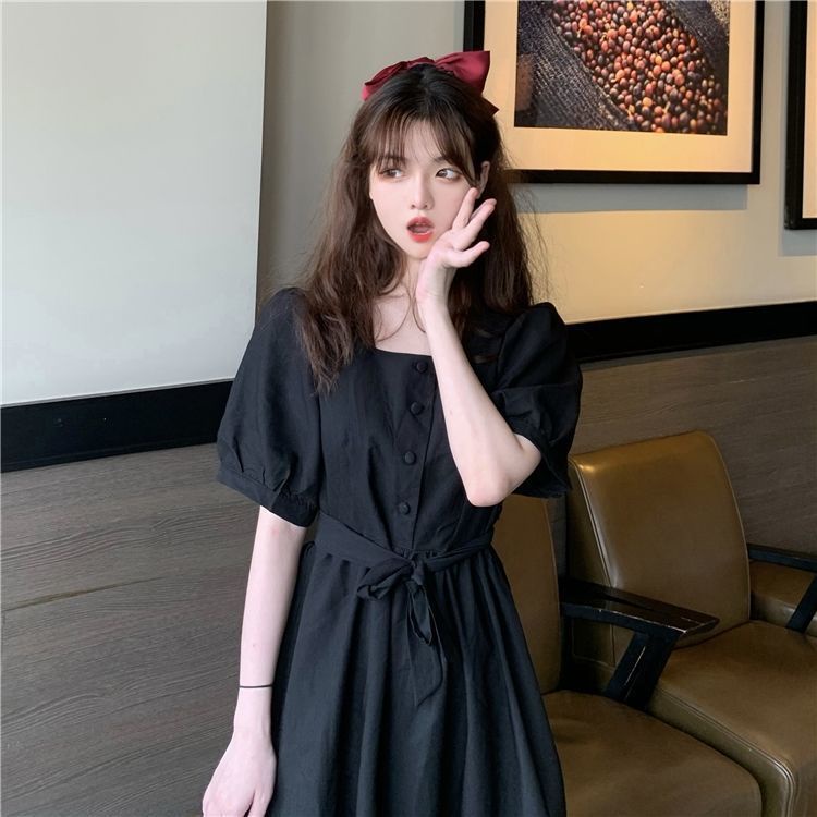 Đầm tay ngắn cổ vuông dáng chữ A phong cách Hàn Quốc thời trang mùa hè mới