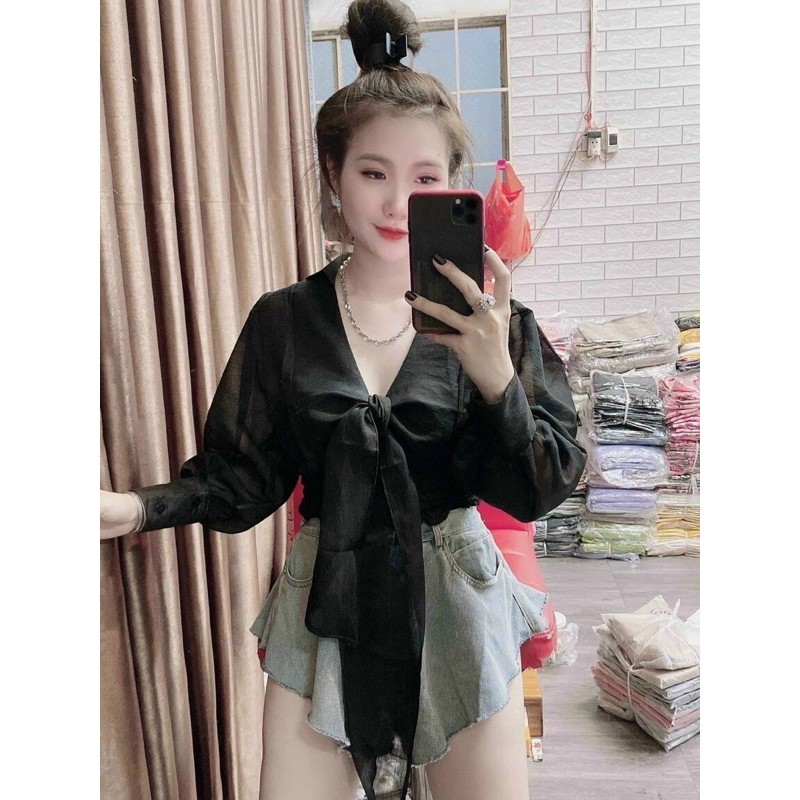 Áo kiểu croptop voan chiffon buộc nơ siêu xinh Hàng y hình