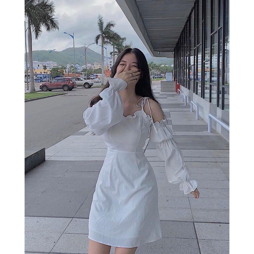 VÁY ĐẦM NỮ Trắng Đen HAI DÂY TAY PHỒNG BUỘC NƠ TRỄ VAI DÀI TAY - ĐẦM TRẮNG TRỄ VAI DẠO PHỐ 2 dây ulzzang