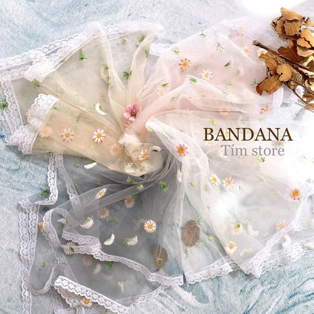 {Tím.Little}{Ảnh Thật} KHĂN BANDANA TURBAN HOA CÚC LÁ THÊU VIỀN REN, ĐA NĂNG CHOÀNG CỔ, CỘT TÓC, ĐEO TAY