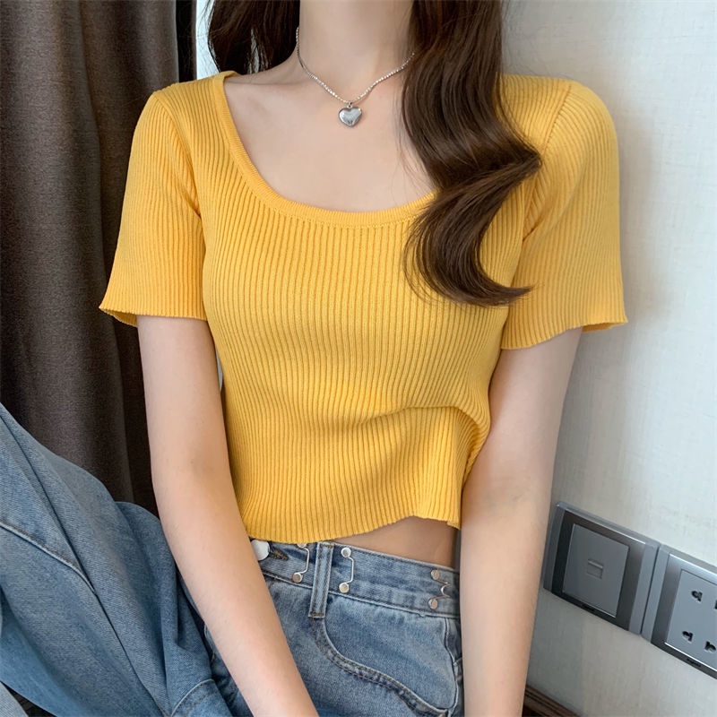 Áo thun Croptop Dệt Kim Tay Ngắn Cổ Vuông Phong Cách Hàn Quốc Thời Trang Cho Áo phông Nữ NZ-TX-251