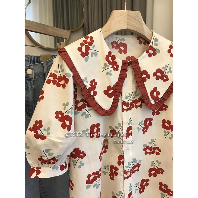 Áo Sơ Mi Tay Ngắn Cổ Búp Bê In Hoa Kiểu Retro Xinh Xắn Cho Nữ  tao bao