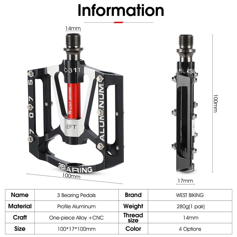 WEST BIKING Bàn Đạp 3 Bạc Đạn Bằng Nhôm Chất Lượng Cao Cho Xe Đạp Leo Núi