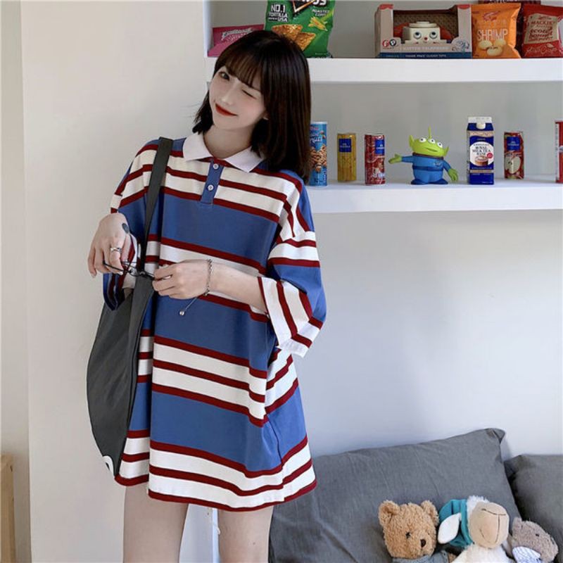 [Có sẵn] Áo phông polo dáng rộng kẻ ngang oversize phong cách retro Hàn