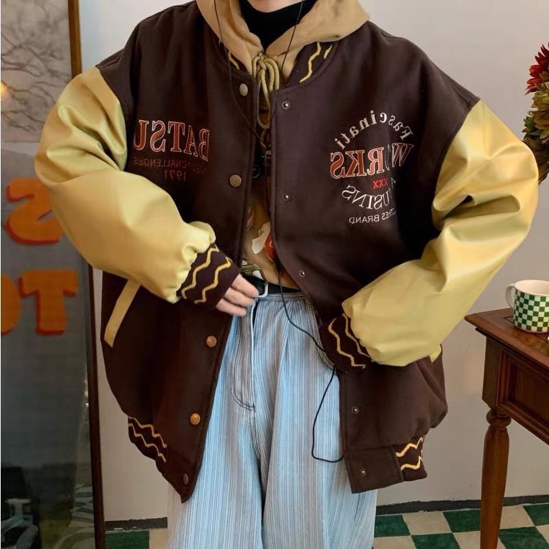 SẴN NÂU Áo khoác bomber varsity jacket form rộng