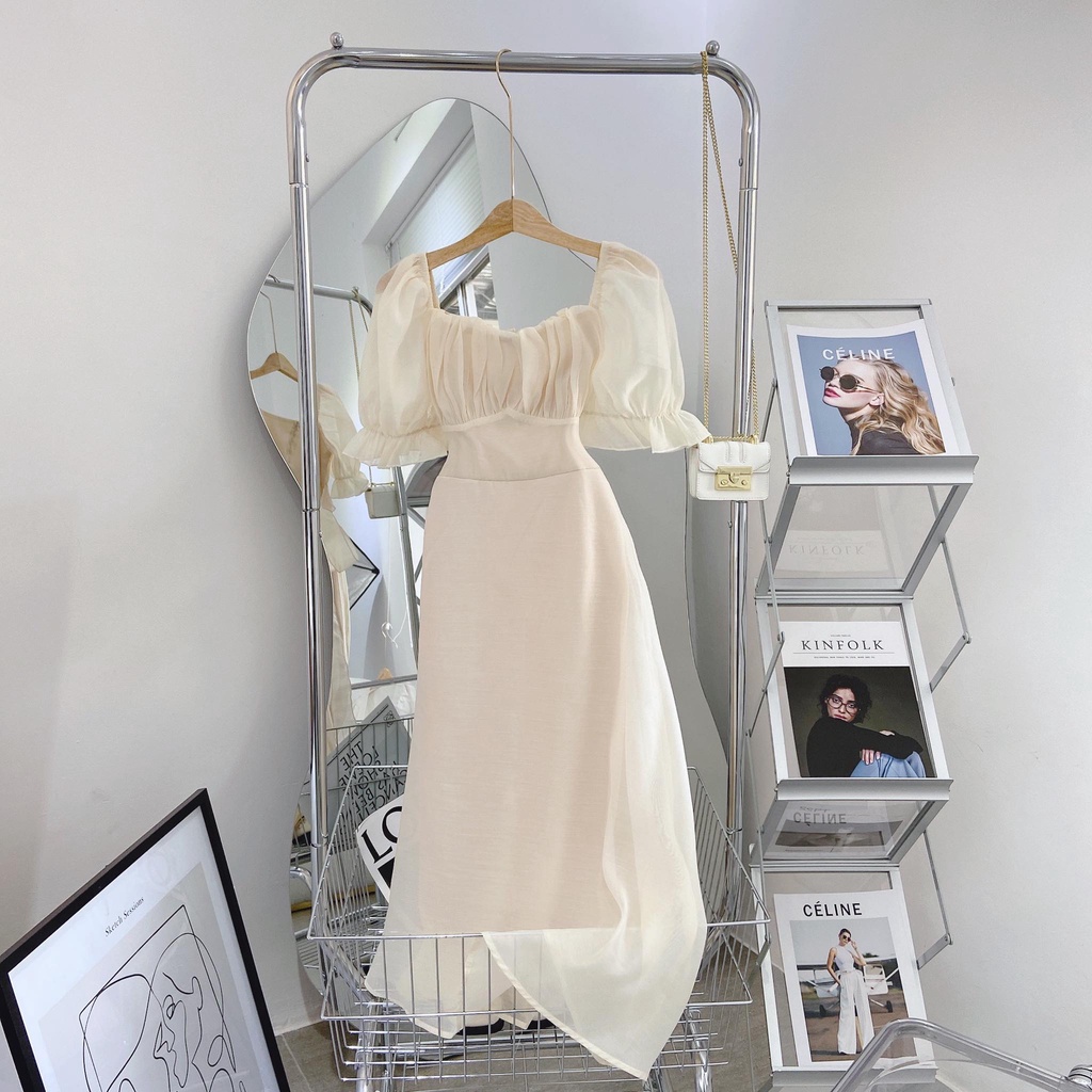 ĐẦM MIDI NUDE XẾP LY NGỰC TAY BÈO
