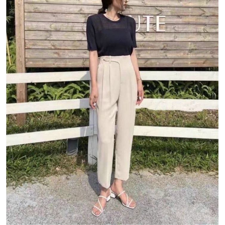Quần baggy nữ lưng chun cạp cao cúc lệch