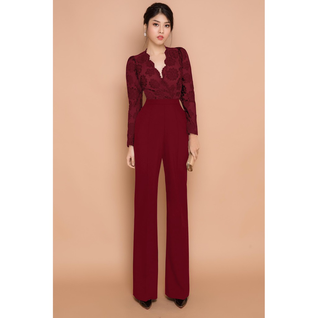 Jumpsuit nữ hàng thiết kế tay dài ren quần ống suông cao cấp J947