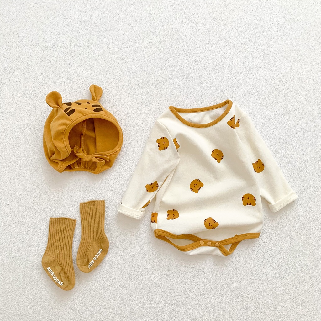 Bộ Áo Liền Quần Cotton Tay Dài In Hình Hổ + 1 Nón Dễ Thương Dành Cho Bé Trai/Bé Gái