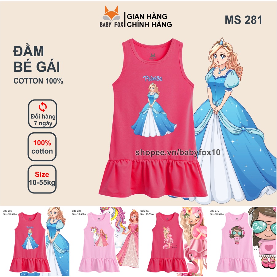 Đầm thun bé gái 100% cotton loại tốt, thương hiệu BABY FOX, in hình công chúa, size nhỏ, trung, đại e