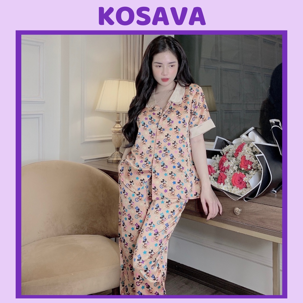 Đồ bộ nữ pijama lụa ngủ tay ngắn quần dài chất liệu satin cao cấp KOSAVA