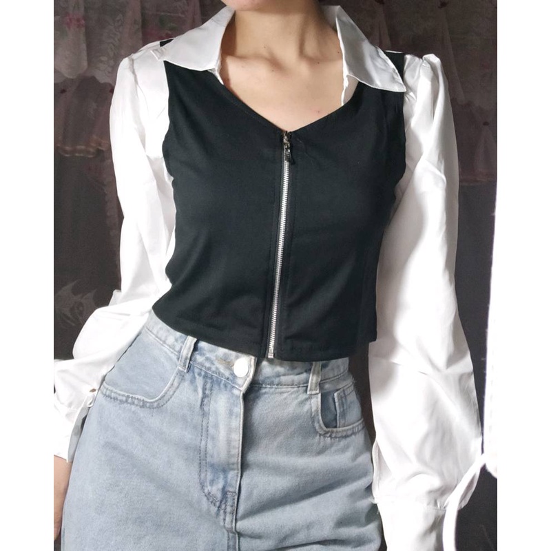 (vjdeo ảnh thật)ÁO SƠ MI CỔ VUÔNG giả áo khoác ngoài dây zip kéo chất kate đẹp alohashop91