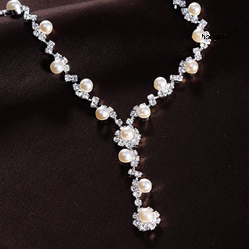 Bộ vòng cổ + bông tai dáng dài đính ngọc trai nhân tạo thời trang cho nữ