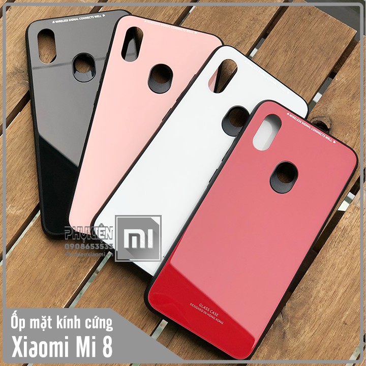 Ốp lưng kính dùng cho máy Xiaomi Mi 8 Mặt kính cứng + viền dẻo 4 màu