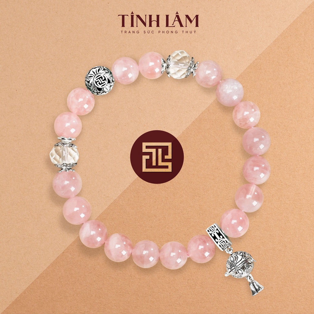 TINH LÂM Vòng Tay Phong Thủy Đá Mắt Thạch Anh Hồng 8,5 Li - Charm Hoa Sen Phối Đá Thạch Anh