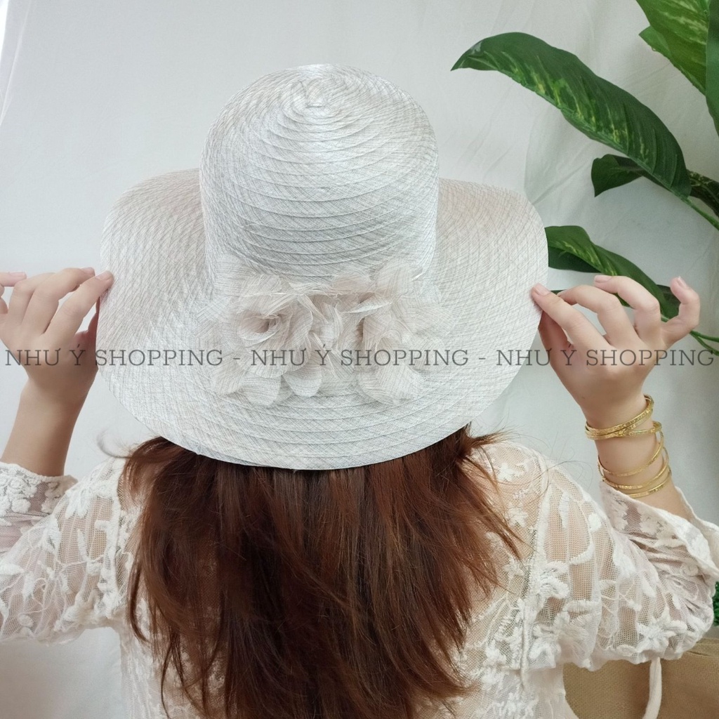 Nón cói, Mũ cói đi biển vành nhỏ cho nữ, chất liệu mũ cói mềm phối hoa (hình chụp thật) -Q12-vành nhỏ 3 màu sọc