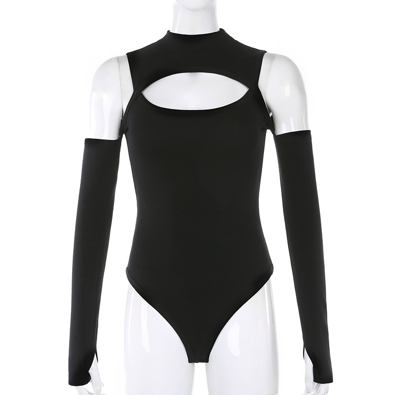 Áo bodysuit dài tay cắt hở ngực, vai quyến rũ thể thao Châu Âu, áo tập nhảy sexy dance, gym đen trắng | BigBuy360 - bigbuy360.vn