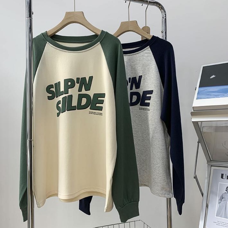 Áo Thun Raglan Tay Dài Dáng Rộng Màu Sắc Tương Phản Phong Cách Cổ Điển Thời Trang Mùa Thu Cho Nữ