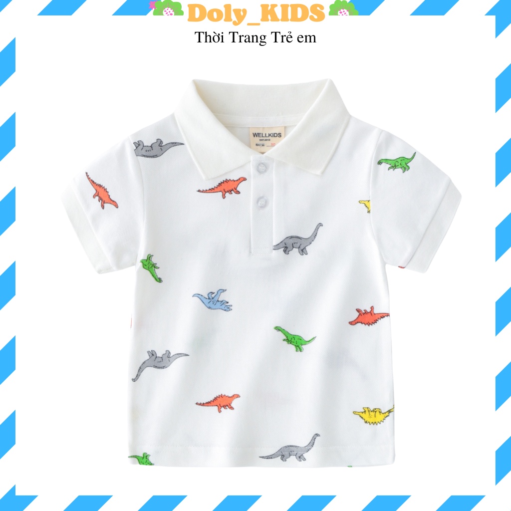 Áo Polo cho bé trai DOLY KIDS, áo phông sơ mi cộc tay bé trai In Hình Khủng Long Chất Cotton cá sấu Cao Cấp từ 7-27kg