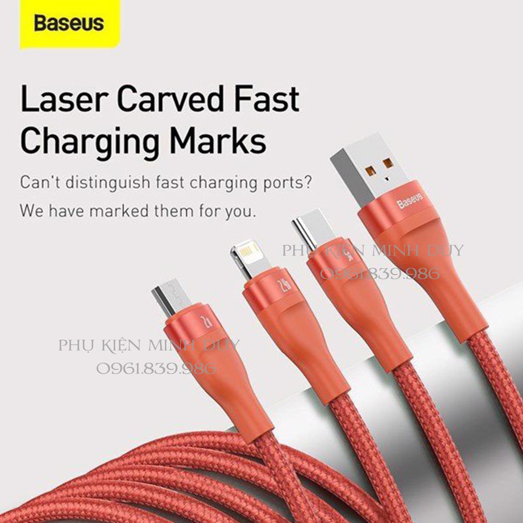 Cáp sạc nhanh 3 đầu Baseus Flash Series 3 in 1 40W (USB to Type-C/ Lightning/ Micro, 5A/40W Quick Charging & Data Cable)