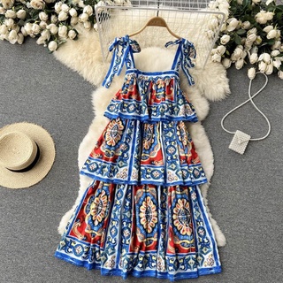 Đầm xếp tầng họa tiết boho phong cách retro