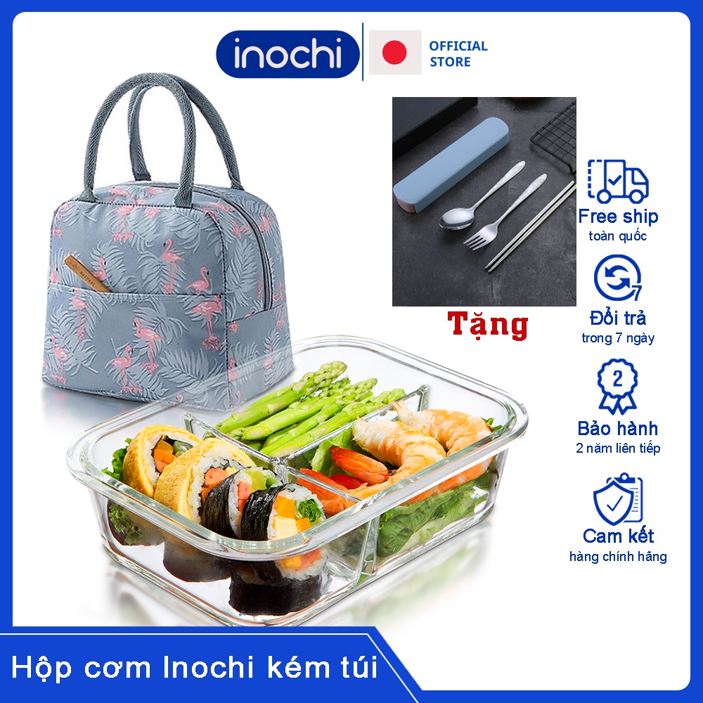 Hộp cơm văn phòng - hộp cơm inochi thủy tinh thố thủy tinh giữ nhiệt kèm túi và bộ đũa thìa công sở cao cấp