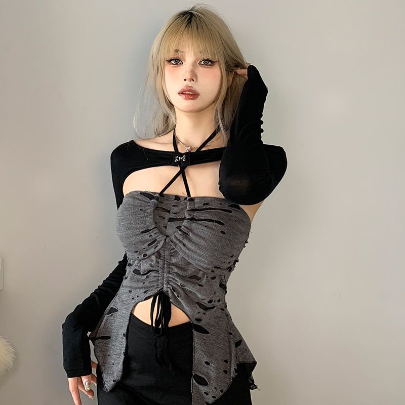 Set Áo Hai Dây Phối Áo Thun Xếp Ly Lệch Tà Màu Sắc Tương Phản Phong Cách Âu Mỹ Thời Trang Cho Nữ