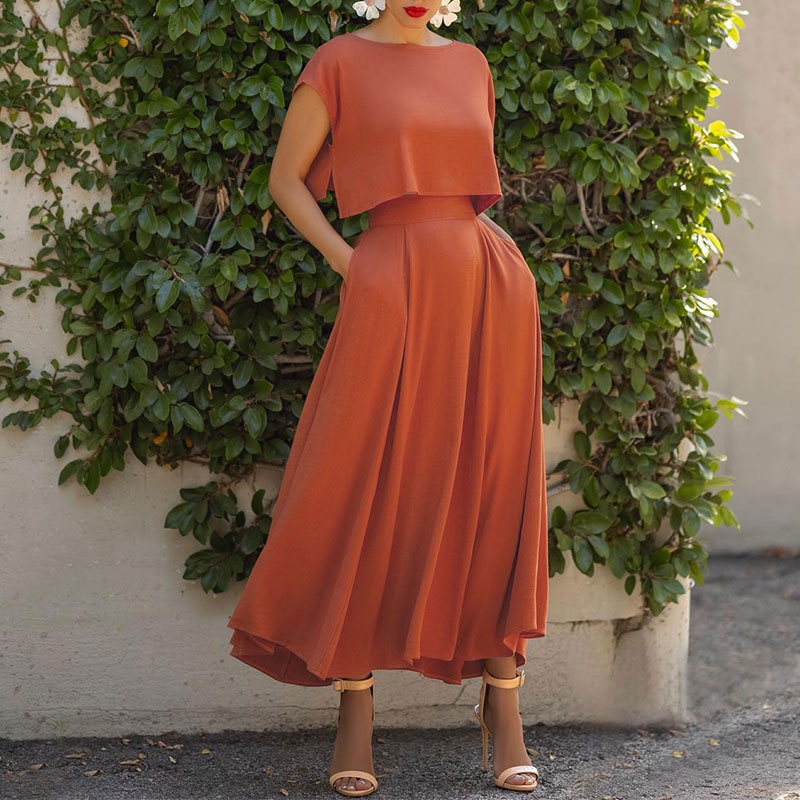 Set 2 món gồm áo tay ngắn màu trơn + chân váy Zanzea dáng chữ A đơn giản phong cách châu âu cho nữ