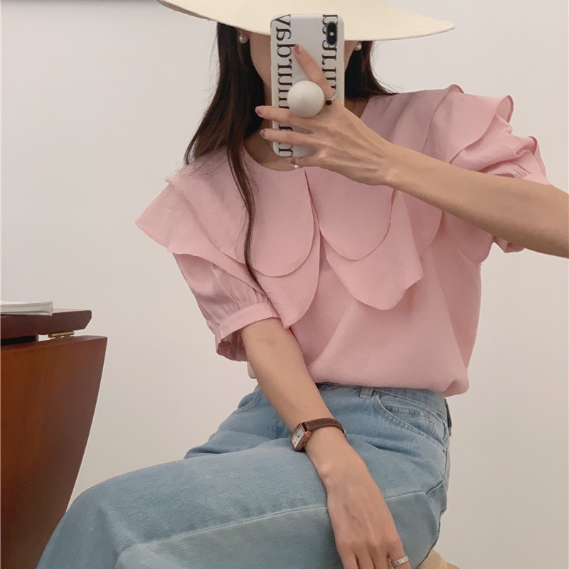 SUXI Áo Sơ Mi Tay Ngắn Dáng Rộng Cổ Bèo Màu Sắc Đơn Giản Phong Cách Hàn Quốc Thời Trang Mùa Hè