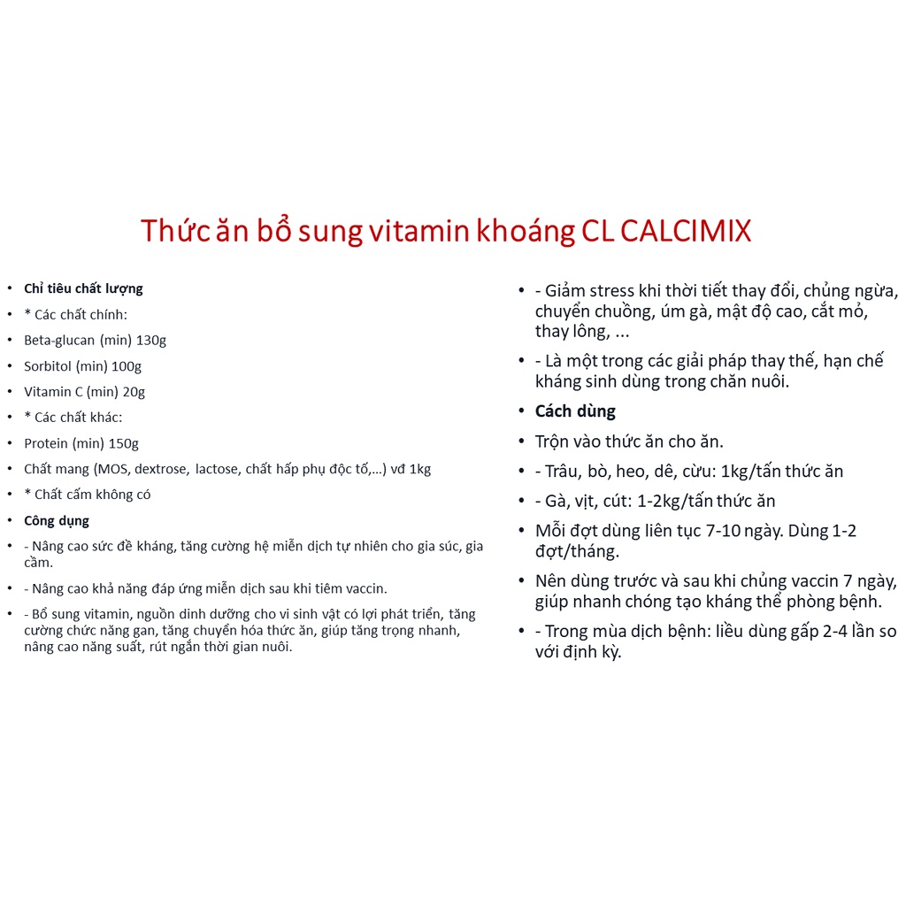 CL CALCIMIX Thức ăn bổ sung vitamin khoáng cho heo, dê, bò, gà, vịt, cút