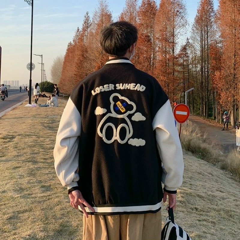 Áo khoác from rộng unisex áo khoác bomber nỉ ngoại in hình gấu nghiên đầu