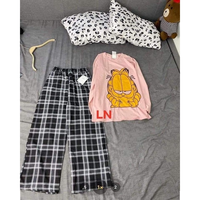 Sét áo mèo ngủ tay dài +quần kẻ karo LN11