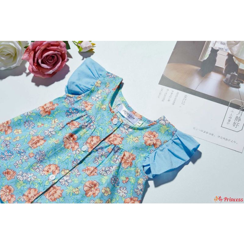 Bộ thô cho bé gái từ 8-21kg hoạ tiết hoa xanh mát