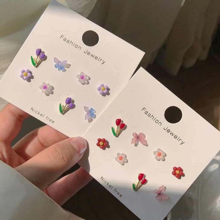 4 đôi khuyên tai hình hoa tulip/ bướm đơn giản phong cách Hàn Quốc cho nữ