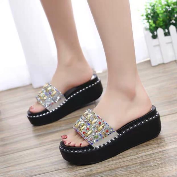 (ORDER) Dép đế bánh mì quai đính đá nhũ kim sa 5,5 cm