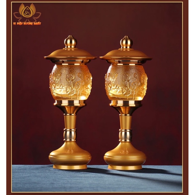 CẶP 2 CHIẾC ĐÈN LED HOA SEN LƯU LY THỜ CÚNG TRANG TRÍ