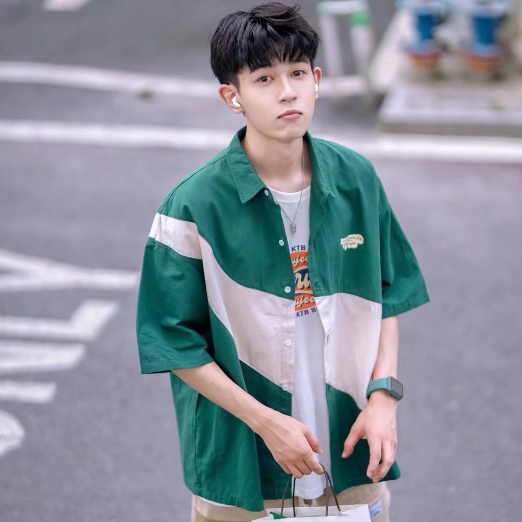 Áo Sơ Mi Tay Ngắn Dáng Rộng Màu Trơn Phối Túi Thời Trang Hàn Quốc Cho Nam