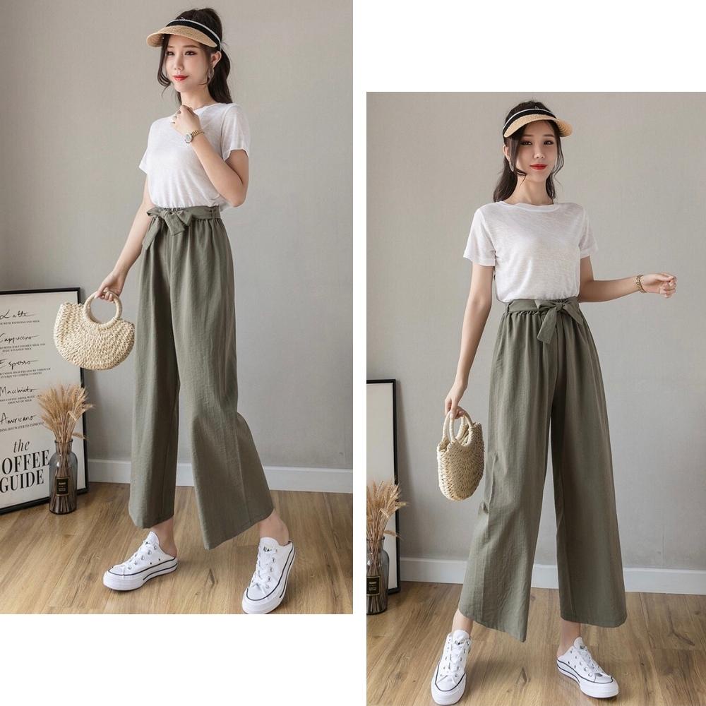 Quần dài lưng chun thắt nơ điệu đà chất đũi linen nữ hàng xuất dư cạp cao ống rộng tôn dáng có bigisze 80kg mặc ở nhà