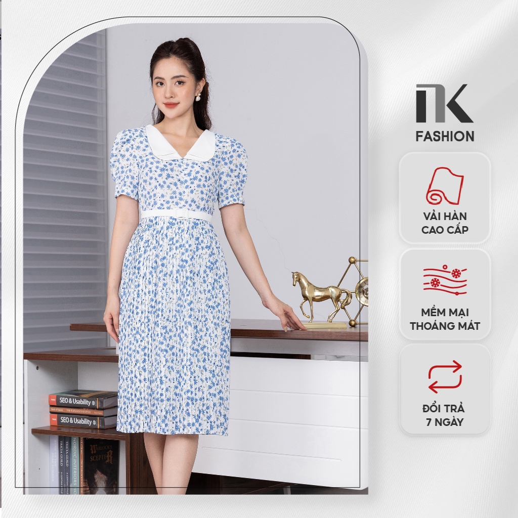 Đầm Hoa Nữ NK Fashion Dáng Xòe Dập Ly Phối Cổ Sen,Thiết Kèm Đai Tôn Dáng, Chất Vải Nhập Hàn Cao Cấp Mềm Mịn NKDV2205009