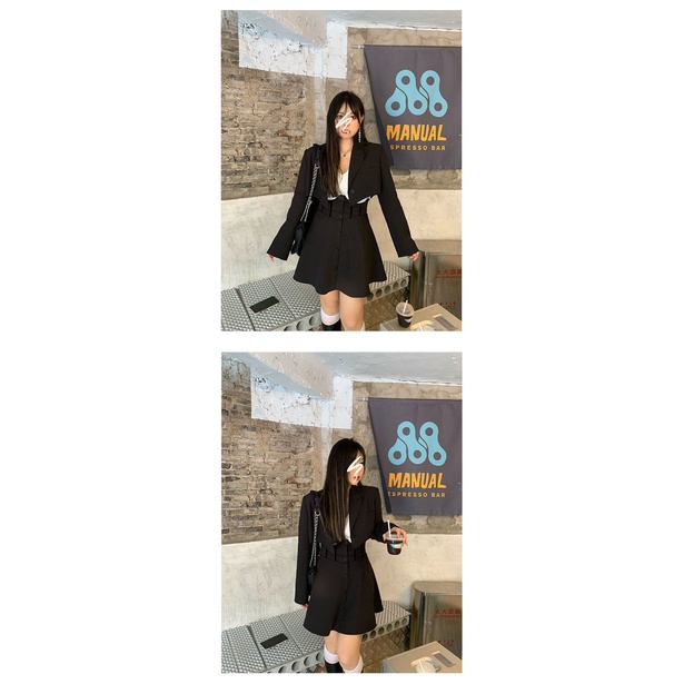 Set Áo Khoác Phối Chân Váy Màu Đen Thời Trang Mùa Thu Cho Nữ