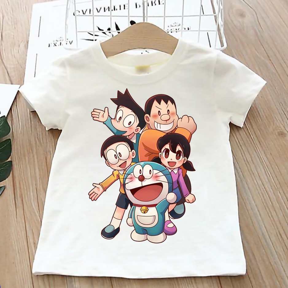 Áo thun cho bé tay ngắn vải cotton màu trắng Hạ Băng Designs - Doraemon