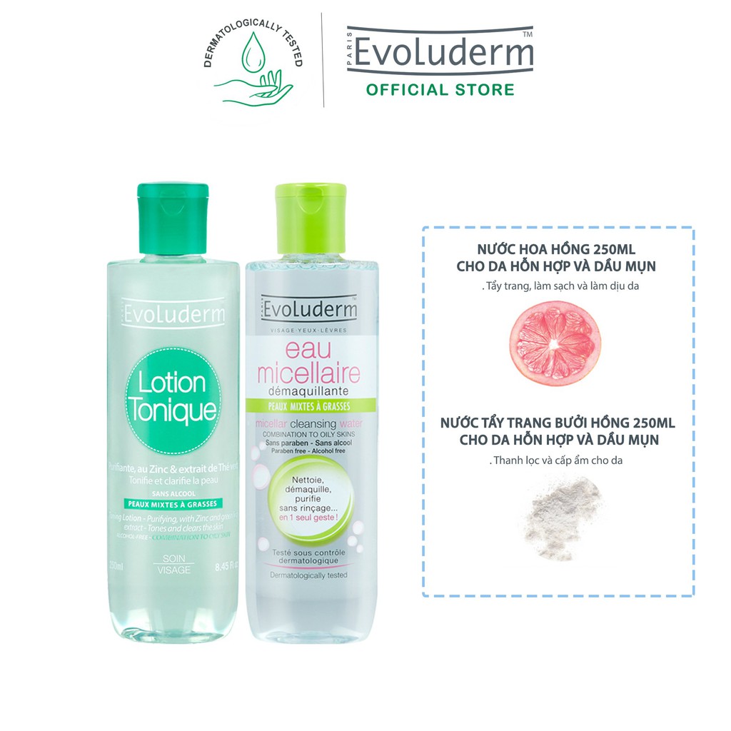 Bộ 2 Nước tẩy trang EVOLUDERM 250ml và Nước hoa hồng hỗn hợp Evoluderm 250ml dành cho da hỗn hợp dầu mụn