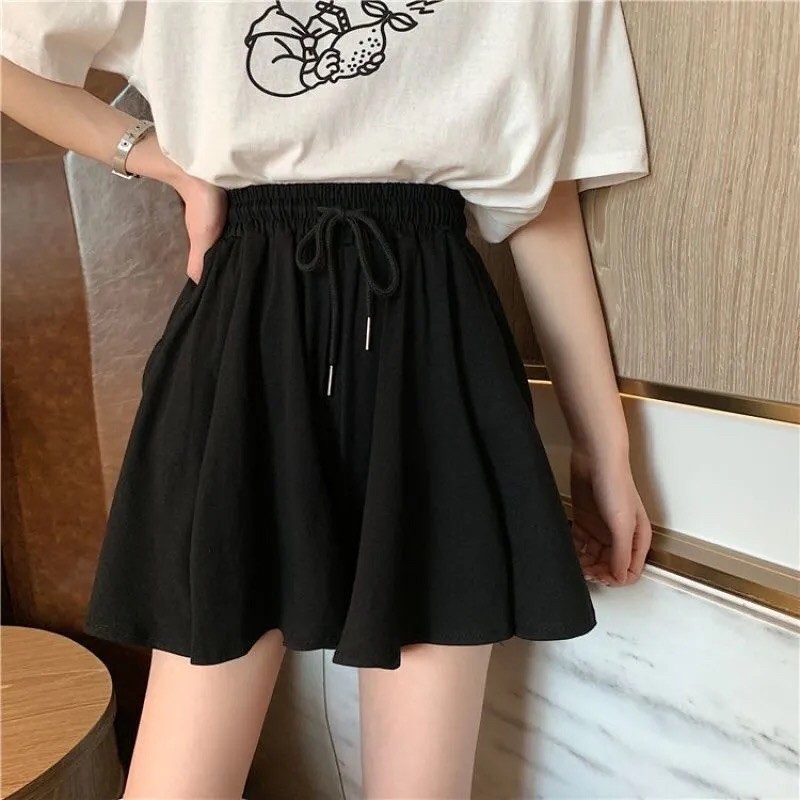 Quần váy chữ A cạp cao màu đen nữ sinh viên lỏng lẻo năm 2021 mùa hè mới hoang dã mỏng quần âu quần âu mỏng xếp nếp