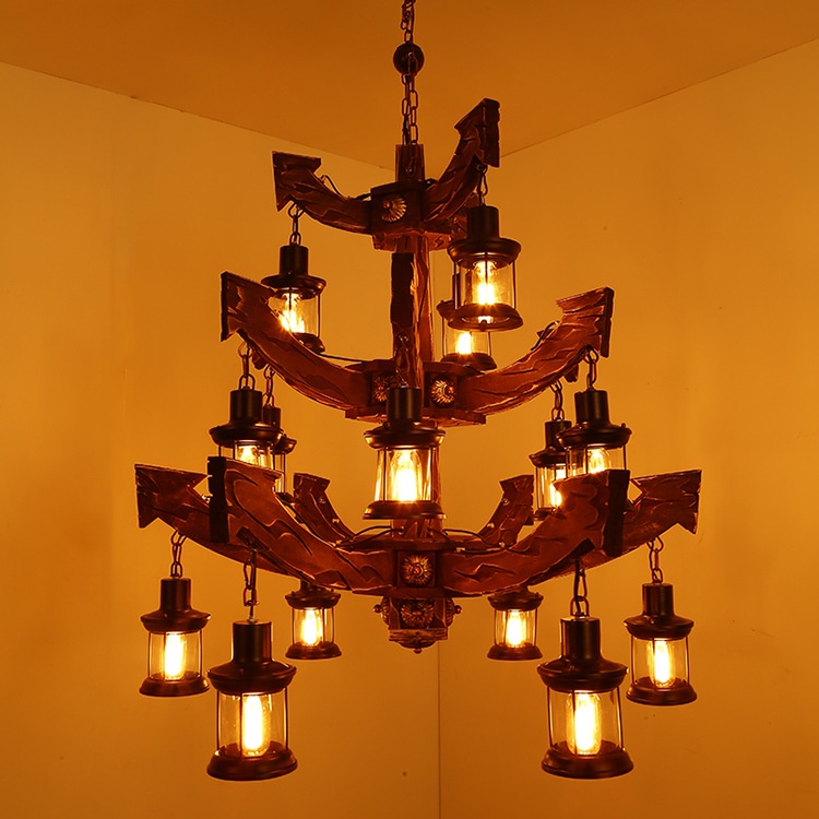 Đèn chùm gỗ thả trần hình mỏ neo tàu thủy phong cách Retro cổ điển trang trí nhà hàng resort,phòng ăn, quầy bar