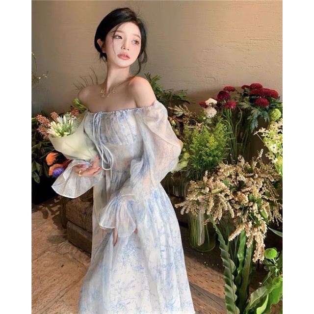 Đầm công chúa tay dài voan tơ xanh bo chun